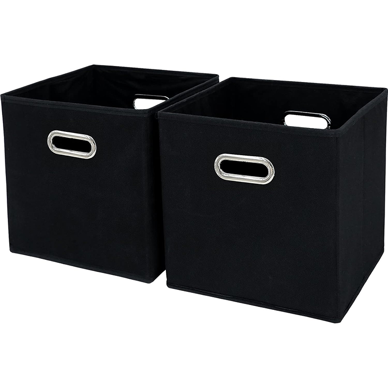 Black cube fabric storage bin with handles